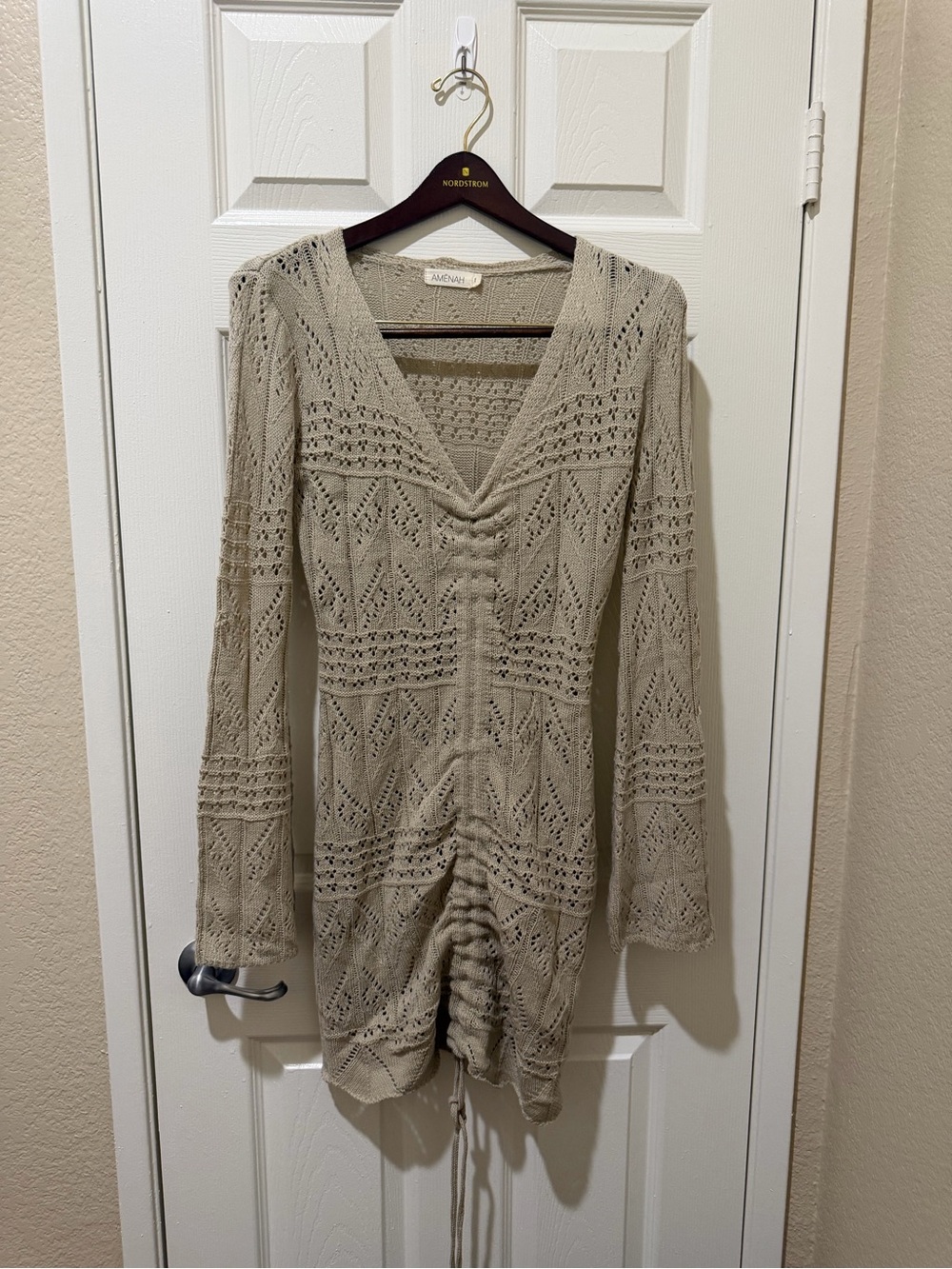 Nordstrom Beige Crochet Drawstring V-Neck Long Sleeve Dress